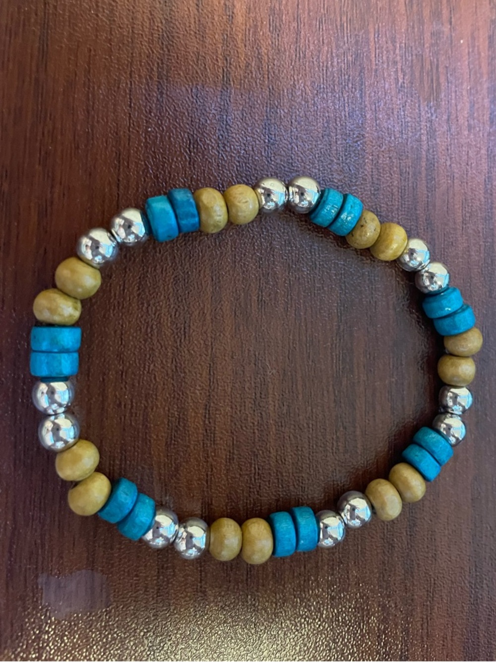 NWOT TEMU OS Turquoise & Wood Beaded Stretch Bracelet | Silver Accents Boho